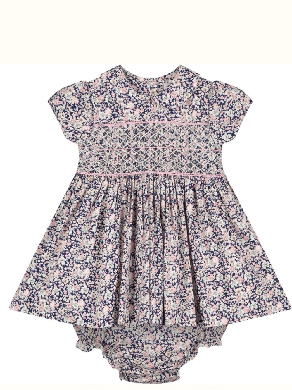 Question Everything-Smocked Floral Baby Dress with Bloomers - Navy & Pink